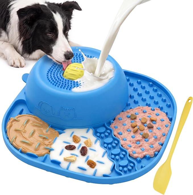 Slow Feeder Dog Bowl with Rotating Lick Ball Blue | Dog lick Bowl for yogurt ,Bone Broth&Wet Food,Silicone Lick Mat with Sution Cup Base for Dogs &Cats