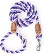 Mile High Life Rainbow Dog Leash Braided Cotton Rope w Leather-Wrapped Ends | Rust-proof 360° swivel clasp, Heavy-duty for medium/large breeds. Great for weddings, daily walks (5FT, 1/2", Purple)