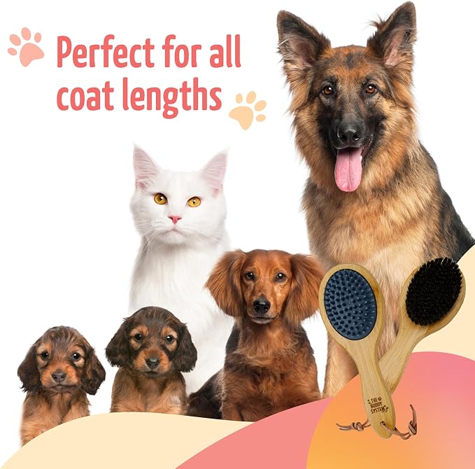 The Buddy System - Combo Bristle Pet Brush, 2-in-1 Brush | Dog & Cat grooming brush with 2 sides for dual capabilities.Durable rubber to losen hair and boar bristle to increase shine.