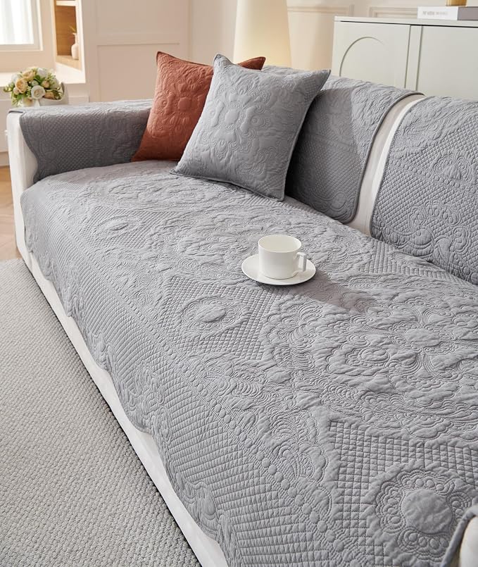 Luxury Vintage Cotton Embroidery Sofa Cover Soft Farmhouse Seat Cushion Cover Floral Quilted Sectional Couch Cover Anti-Slip Sofa Slipcovers Furniture Protector for Dogs Cats (Grey,28"x82")