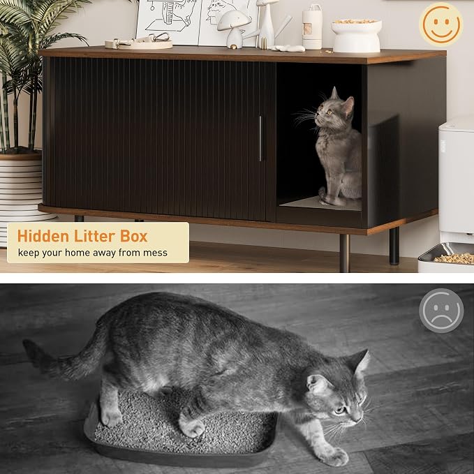 Halitaa 37.4" Cat Litter Box Enclosure with Scratch Pad, Sliding Door | Litter Box Enclosure Furniture Hidden Litter Box, Modern Indoor Cat House, TV Stand, Side End Table for Living Room, Black