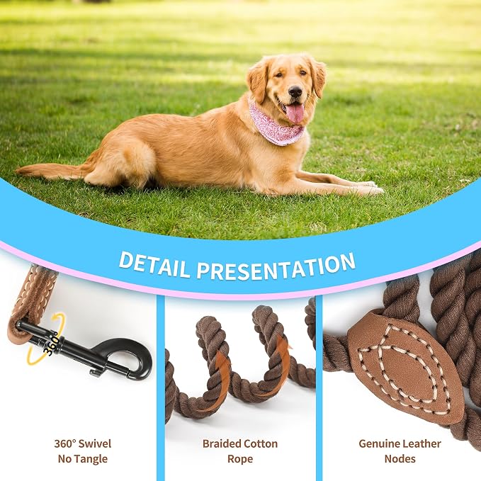 Mile High Life Dog Leash Braided Cotton Rope with Leather-Reinforced Ends | Rust-proof 360° swivel clasp, Heavy-duty for medium/large dogs. Great for weddings, daily walks (18IN, 1/2", Dark Brown)