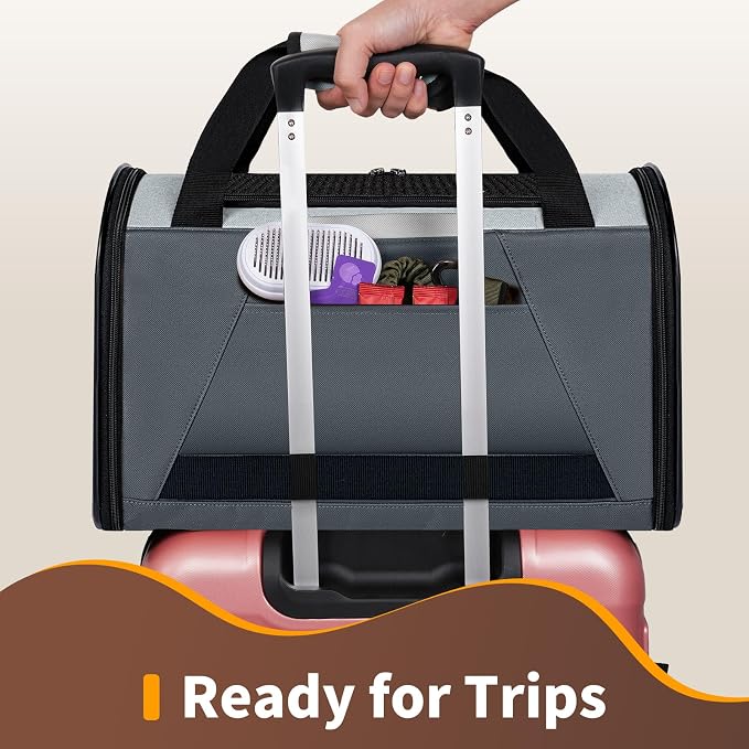 Collapsible Small Pet Carrier for Cat 15 lbs with Fashion Pocket Travel Bag | Lightweight Sturdy Little Puppy Dog Carry Crate, Breathable Stylish Kitten Soft Cage Kennel, Portable Yorkie Box Grey