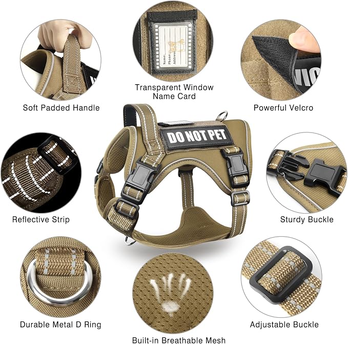 Tactical Service Dog Vest Harness and Leash Set with 10 Patches Brown L