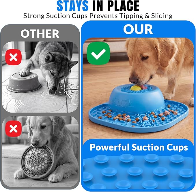 Slow Feeder Dog Bowl with Rotating Lick Ball Blue | Dog lick Bowl for yogurt ,Bone Broth&Wet Food,Silicone Lick Mat with Sution Cup Base for Dogs &Cats