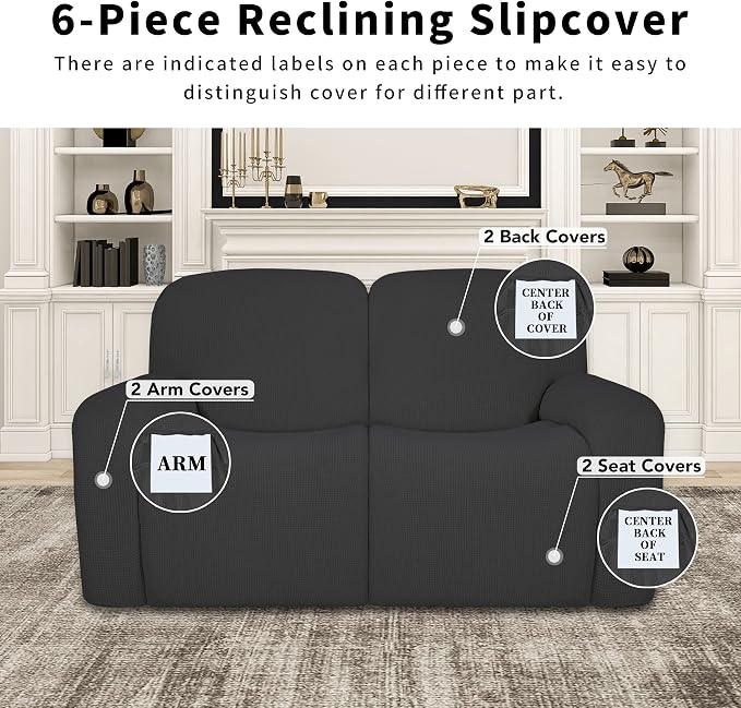 Easy-Going 100% Dual Waterproof Recliner Loveseat Cover, 6-Pieces Stretch Relining Sofa Cover with Pocket, Jacquard 2 Seat Sofa Slipcover Leakproof Washable (Loveseat, Dark Gray)