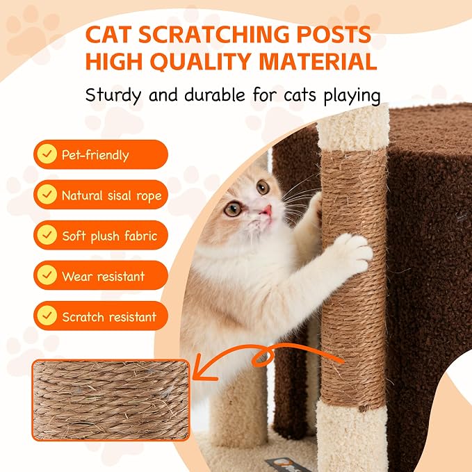 45.3-Inch Cat Tree Tower for Indoor Cats, Brown | Two cozy cat condos; three soft platforms; full sisal scratching wrap; removable dangling toy; reinforced anti-tip base