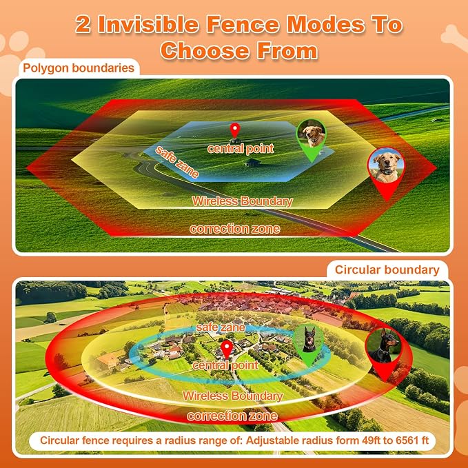 GPS Wireless Dog Fence System, Electric Dog Fence Using GPS Electric Satellite Technology, IPX7 Waterproof Rechargeable Design, GPS Dog Collar Has 2 Modes Circular and Free-Form Fence(2pcs)