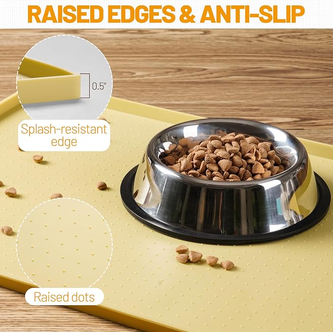 Hubulk Dog Feeding Mat,100% Waterproof Food Grade Silicone Pet Food and Water Bowl Placemat,Dishwasher, High Raised Edge to Prevent Spills,Nonslip Tray to Stop Messes on Floor (19"x12"x0.5", Yellow)