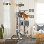 Feandrea Cat Tree, 73.2-Inch Tall Cat Tower, Plush Multi-Level Condo with 5 Scratching Posts, 2 Perches, 2 Caves, Hammock, 2 Pompoms, Light Gray UPCT191W01