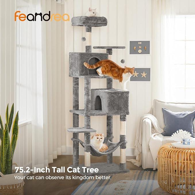 Feandrea Cat Tree, 73.2-Inch Tall Cat Tower, Plush Multi-Level Condo with 5 Scratching Posts, 2 Perches, 2 Caves, Hammock, 2 Pompoms, Light Gray UPCT191W01