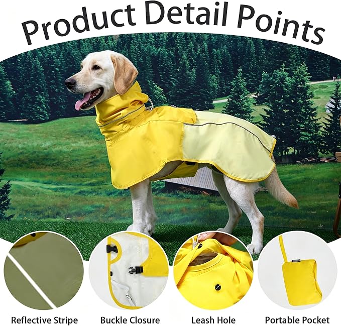 MAMORE Dog Raincoat with High Collar - Waterproof Adjustable Dog Rain Jacket, Lightweight Reflective Pet Rain Coat for Small Medium Large Dogs for Outdoor Walking Hiking(Yellow, Medium)