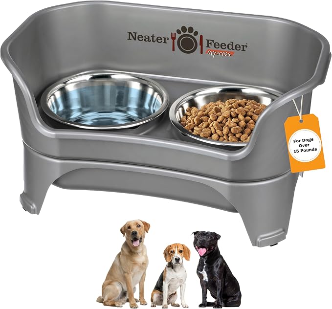 Neater Feeder Express Mess Proof Dog Bowls Elevated for Medium to Large Sized Breed, No Spill Raised Dog Food Bowl Stand, Stainless Steel Food and Water Bowl Set, Pet Dish Feeding Station, Grey