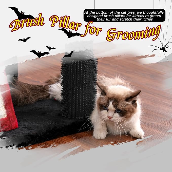 Hey-brother Cat Tree Tower, Adjustable Height, Floor to Ceiling, MPJ091BR | 94.5-106.3 Inches Multi-Level Cat House, Scratching Posts, Plush Condo, Platform, Toy Ball for Indoor Big Cats, Black and Red
