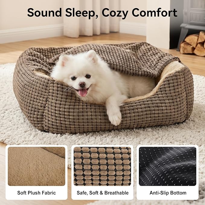 GASUR Dog Beds for Large Medium Small Dogs, Rectangle Cave Hooded Blanket Puppy Bed, Luxury Anti-Anxiety Orthopedic Cat Beds for Indoor Cats, Warmth and Machine Washable(35 inches, Brown)
