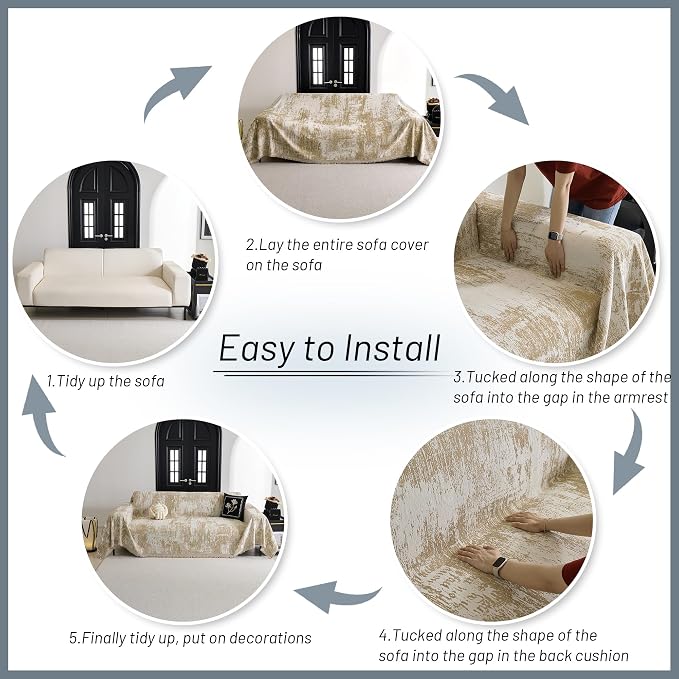 MYSKY HOME Couch Cover for Dogs Washable Couch Sofa Protector for Loveseat Sofa with Cats Pets Friendly Chenille Khaki Abstract Geometric Sofa Covers Soft Durable Farmhouse Sofa Slipcovers, 91" X118"