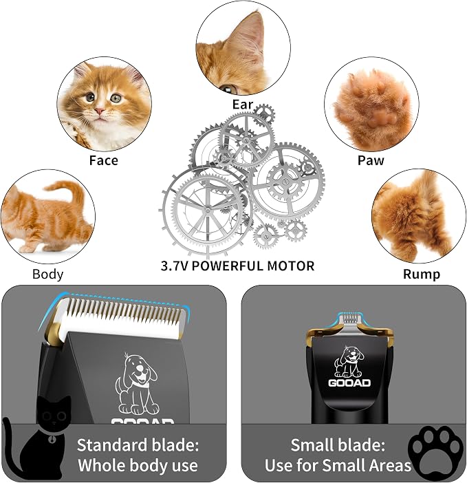 Quiet Cat Clippers & Cat Grooming Kit for Matted & Long Hair | 250Min Cordless Pet Shaver, Low Noise Pet Hair Trimmer for Grooming,2in1 Wide & Narrow Blades,4 Combs,Scissors & Glove(Black)