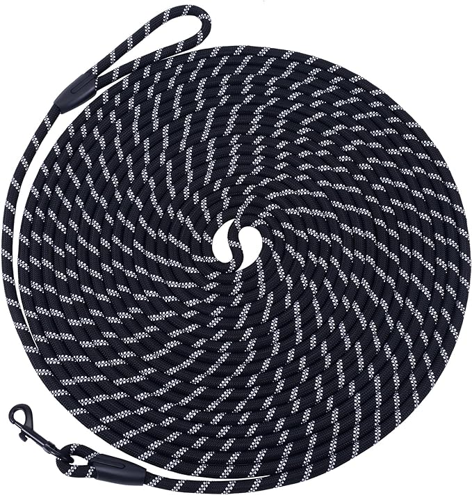 Long Dog Leash for Training 15Ft-Reflective Nylon Rope with Swivel Hook-Recall Agility Lead for Large Small Medium Dogs Outside Walking Hiking-Black