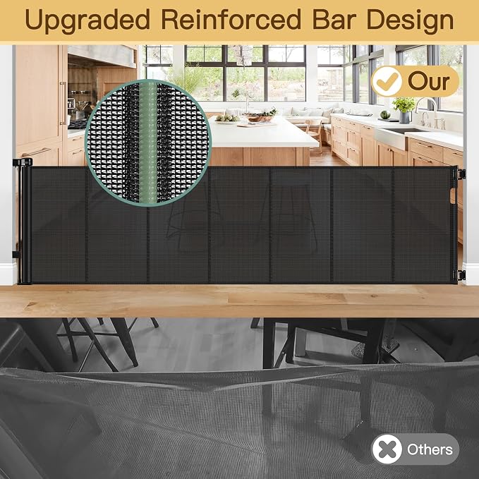 Reinforced 200 Inch Extra Wide Retractable Baby Gates to Prevent Crawling Through, Indoor/Outdoor Baby Gates for Decks, 16 ft Mesh Retractable Fence/Barrier/Blocker/Screen Gate for Garage, Black