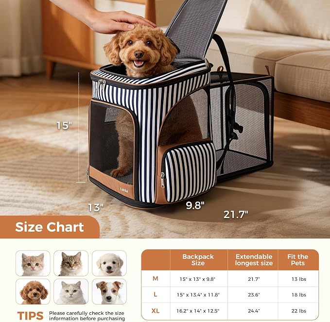Lekereise Large Cat Backpack Carrier Expandable Pet Carrier Backpack for Small Dogs Medium Cats Fit Up to 18 Lbs, Foldable Puppy Backpack Carrier for Travel, Hiking, Striped