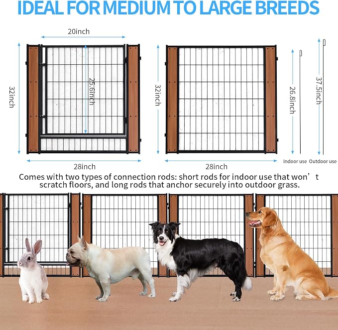 Furniture Style Dog Playpen 32" H, Door Panel, Oak | Indoor/Outdoor Use, Heavy-duty Metal, DIY Layouts, Easy Access, For Small & Medium Dogs, Easy setup