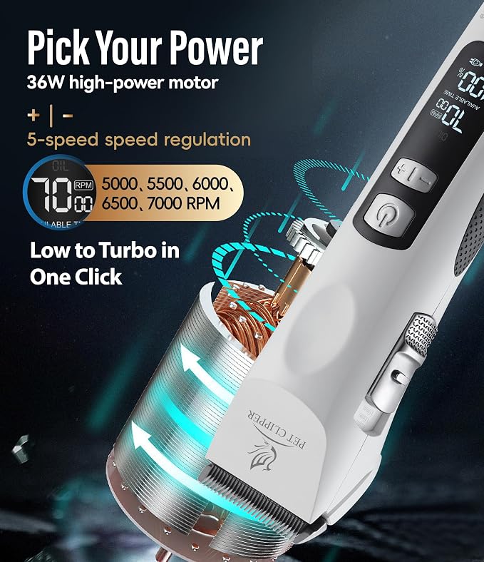 Professional Dog Grooming Clippers with 17H Runtime & Replaceable 440C Blade, 5-Speed Low Noise Electric Dog Shaver for Thick, Matted, Curly Hair, Cordless Clipper for Groomer & Home Use, White