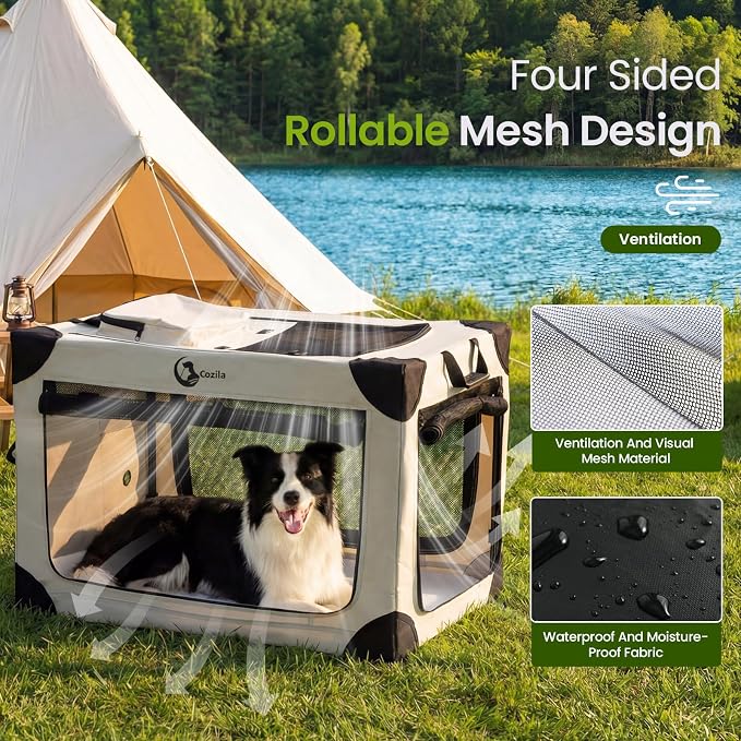 Portable Collapsible Soft Dog Crate for Extra Large Dogs,42in Grey | Oxford Cloth Travel Camping dog kennel with 4 Mesh Windows & 2 Storage Pockets,for Indoor & Outdoor Use