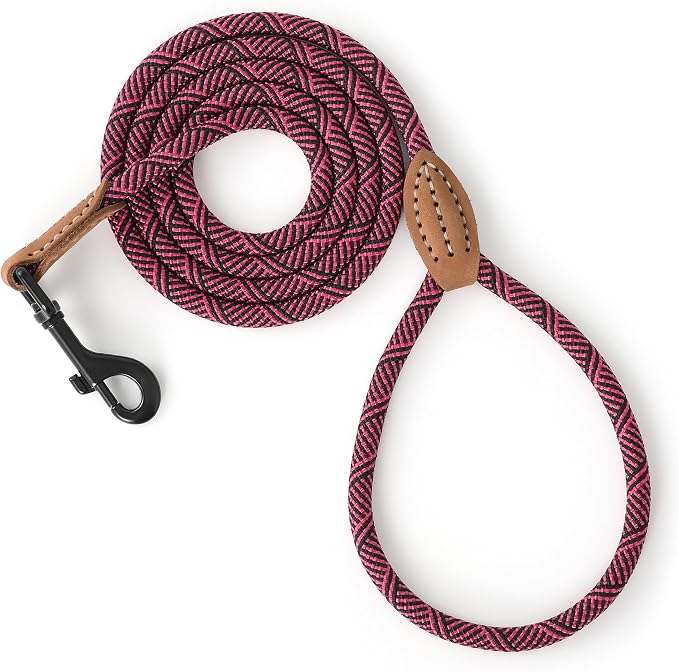 Mile High Life Thin Small Dog Leash with Genuine Leather Connection | Rope Leash, Heavy Duty 360° Swivel Metal Clasp, for Small Medium & Large Dogs (Rose Red, 70 Inch)