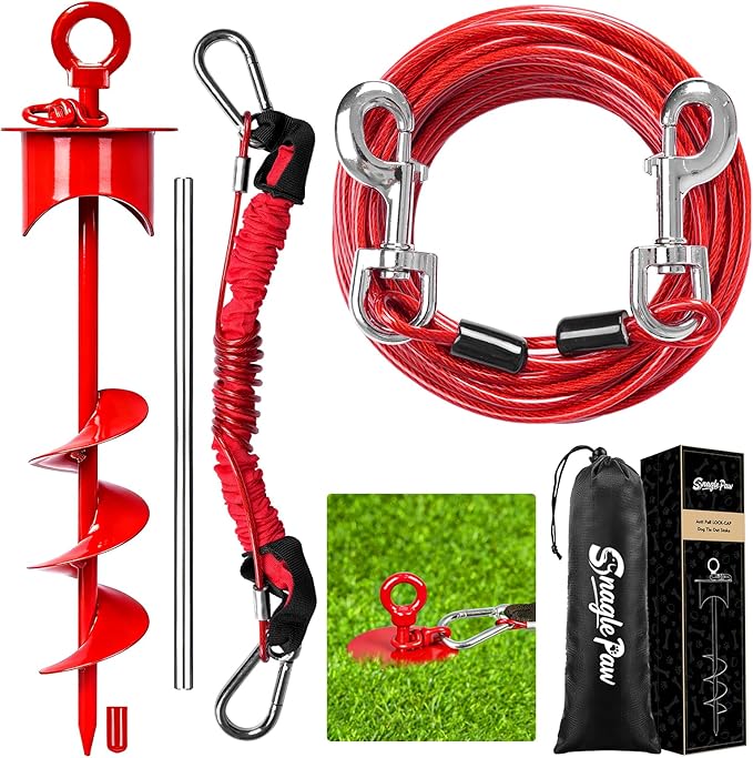 Snagle Paw Dog Tie Out Cable and Stake with Lock-Cap,Heavy Duty 30FT Dog Yard Leash & Stake with Shock Absorbing Bungee Tether,Rust Proof Ground Anchor for Yard, Beach, Camping & Outdoor,up to 360 Lbs