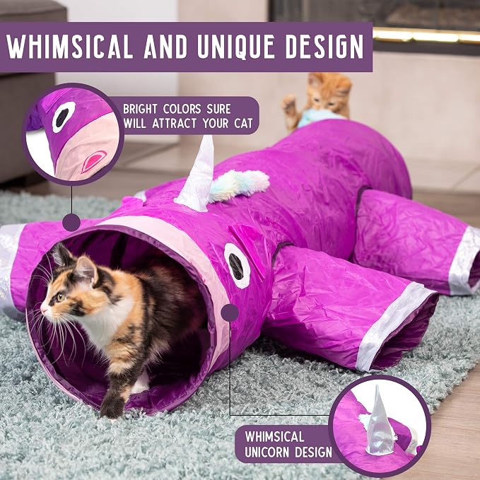 Pet Craft Supply Magic Mewnicorn Multi Cat Tunnel Boredom Relief Toys with Crinkle Feather String for Dogs, Cats, Rabbits, Kittens and Guinea Pigs for Hiding Hunting and Resting