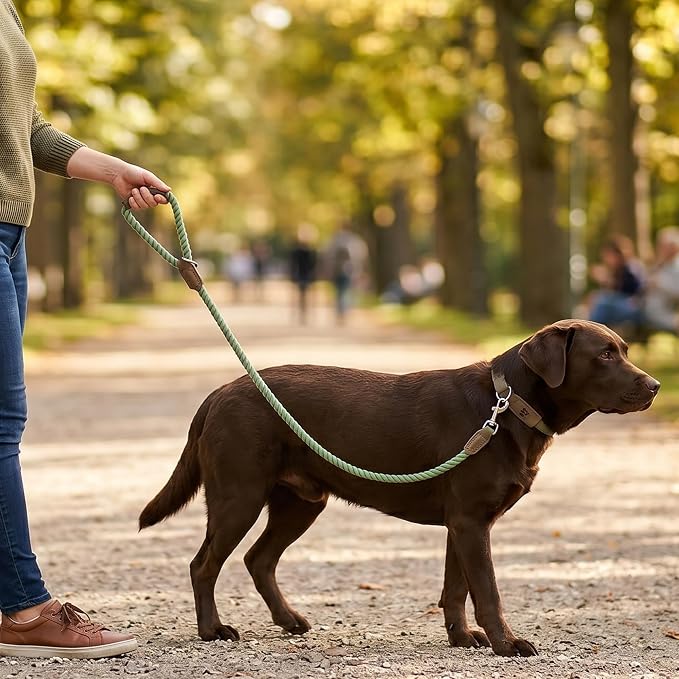 Mile High Life Dog Leash Braided Cotton Rope w/Leather-Wrapped Ends/Handle | Rust-proof 360° swivel clasp, Heavy-duty for medium/large breeds. Great for weddings, daily walks (5 FT, 1/2", Green)