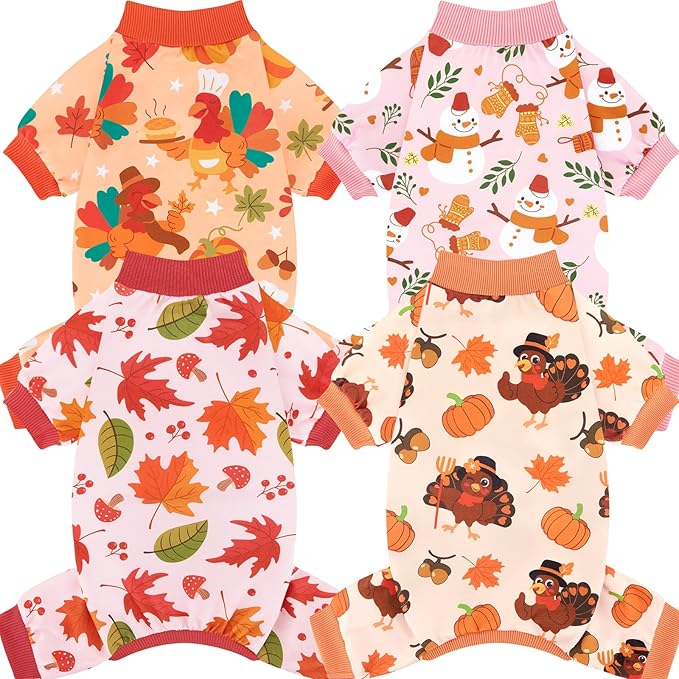 XPUDAC 4 Pack Thanksgiving Turkey Dog Pajamas Soft Strechy Puppy Onesies Funny Pet Fall Clothes for Small Medium Dogs Boy Girl Cat Doggy Costume, S