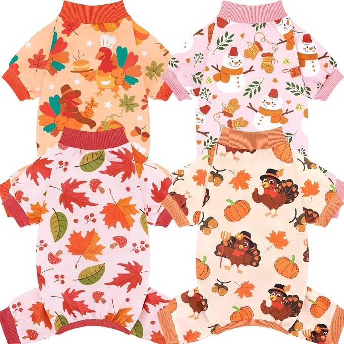 XPUDAC 4 Pack Thanksgiving Turkey Dog Pajamas Soft Strechy Puppy Onesies Funny Pet Fall Clothes for Small Medium Dogs Boy Girl Cat Doggy Costume, 2XL