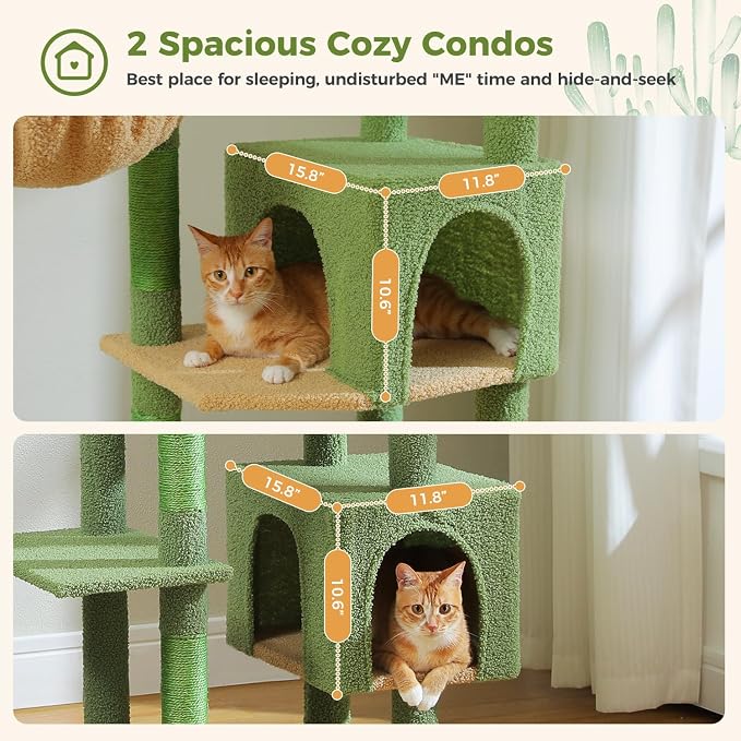 69" Cactus Cat Tree for Indoor Cats Large Adult, Multi-Level Cat Tower | Multi-Level Cat Tree with Scratching Posts, Soft Padded Perch, 2 Dangling Toys