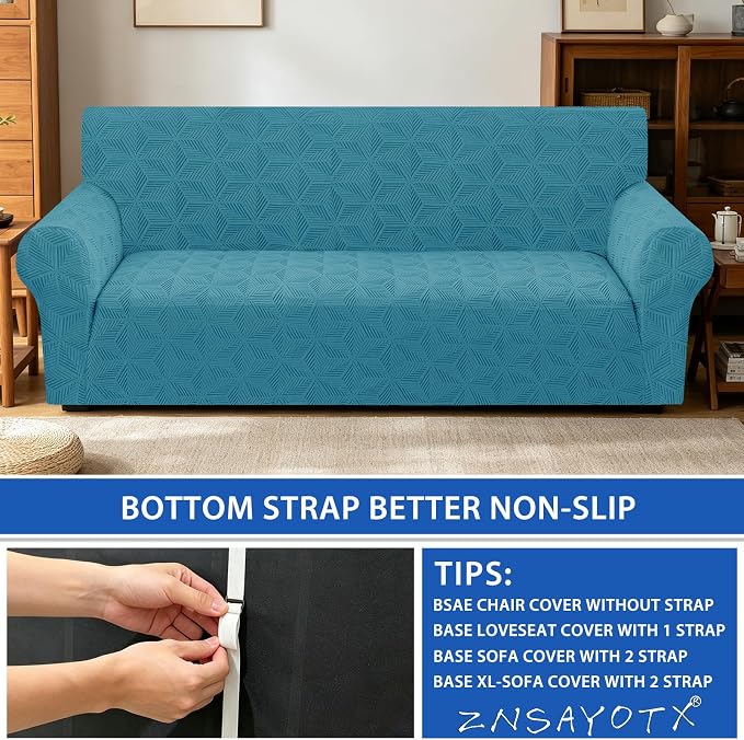 ZNSAYOTX Stretch Couch Cover, 1 Piece Sofa Covers for 3 Cushion Couch, Jacquard Sofa Slipcovers with Elastic Bottom Thickened Furniture Protector for Dog Cat Pet (Large, Peacock Blue)