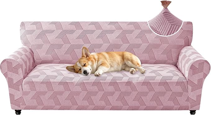 ZNSAYOTX Stretch Couch Covers for 3 Cushion Couch, 1-Piece Sofa Cover Slipcover Pet Friendly, Furniture Protector with Elastic Bottom for Dogs Geometrical Jacquard Fabric (Large, Dusty Pink)