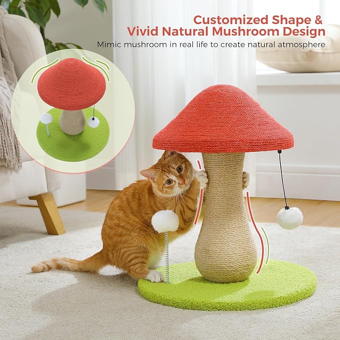 PETEPELA Mushroom Cat Scratching Post, Cat Scratcher Cute with 100% Sisal Covered Scratching Post & Pompoms Toy, Mushroom Cat Post for Indoor Cats | Wide weighted base stays steady; 17.7" post for kittens & small cats; 100% sisal scratching surface; po...