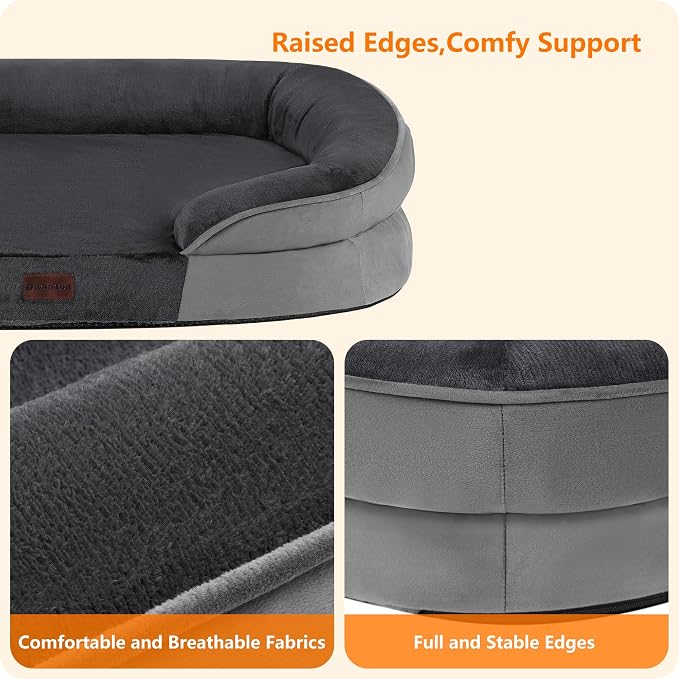 Dwanton Orthopedic Dog Bed for Extra Extra Large Dogs with Gel Memory Foam, Waterproof Dog Sofa, Washable Pet Bed with Four Sided Bolster Cushion, Removable Cover & Non-Slip Bottom, 48", Dark Grey