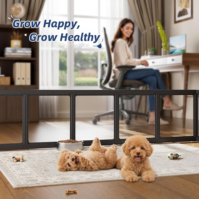 Clear Acrylic Dog Playpen Indoor, Puppy Cat Small Pet 2 Room Play Pen, Pet Cat Playpen for Rabbits, Dog Fence Crate Kennel Whelping Cage (24", Black, 12 Panel)