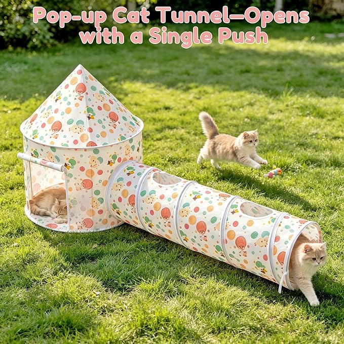 2-in-1 Cat Play Set, Pop-Up Cat Tunnel Rest Hut with Plush Ball Toys | Collapsible Cat Toys Combo with Tent & Ball for Indoor Tunnel, Hiding & Lounging，Suitable forca, dogs, rabbits. Perfect toy.