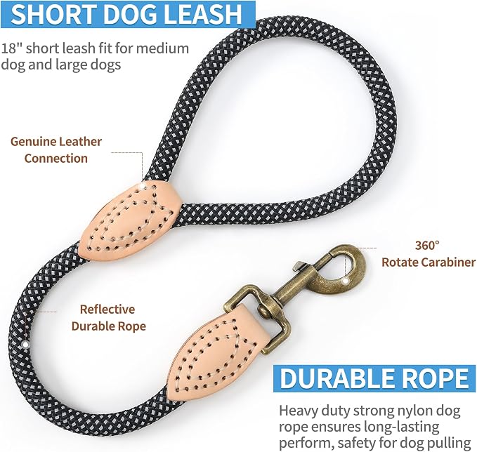 Mile High Life Short Dog Leash with Genuine Leather Connection, 4/5/6 FT | Rope Leash, Heavy Duty 360° Swivel Metal Clasp, for Small Medium & Large Dogs Walking (Black, 18 Inch)