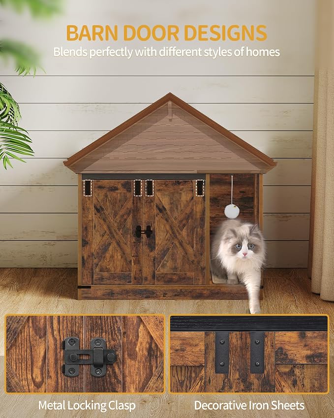 Hzuaneri Cat Litter Box Enclosure, Hidden Litter Box Cabinet Furniture | Indoor Cat House with Bell, Farmhouse Style, 31.5 x 19.7 x 20.9 Inches, for Hallway, Bedroom, Rustic Brown and Black CB82401X