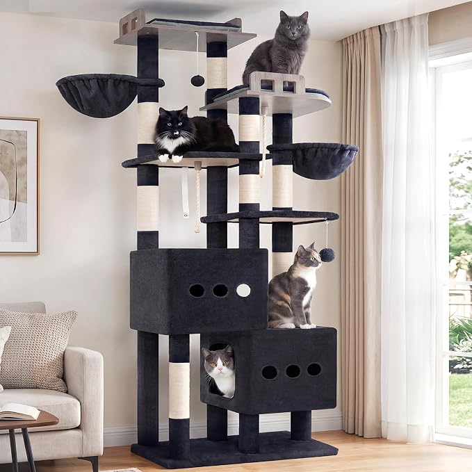 Gitelsnour Sturdy Cat Tree Tower with 2 Large Condos, 4 Big Perchs GCT039G | 74.8" Sturdy Cat Furniture for Indoor Cats Large Adult with 2 Cozy Cat Baskets, Sisal Scratching Posts & Toys, Dark Gray