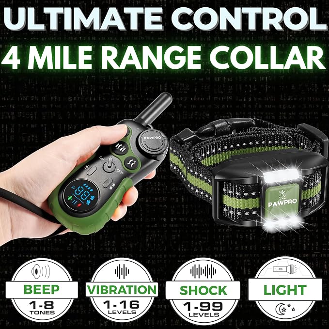 Dog Shock Collar with Remote, Unmatched 4-Mile Range, Night-Light Mode, Training Guide Included, 124 Training Levels & 4 Modes, Beep Vibration Shock, Waterproof Rechargeable, Fits All Dogs (Green)