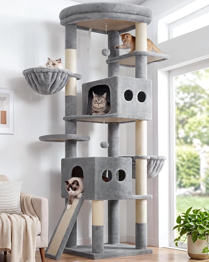 Globlazer S74G 74in Tall Cat Tree for Indoor Cats Large Adult, Beige | Sturdy Heavy Duty Cat Tree Tower for Multiple Cats with 7 Scratching Posts, 2 Spacious Condos, 2 Hanging Baskets
