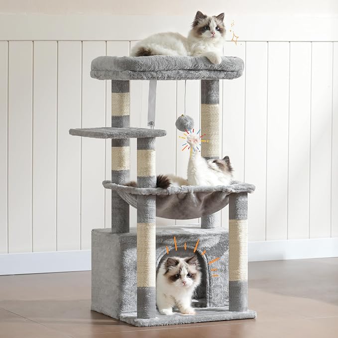 Heybly Cat Tree, Kitten Tower with Large Soft Cat Basket HCT008SW | Cat Condo with Spacious Cat Bed Cave with Hidden Space, Sisal Scratching Posts, Dangling Ball for Indoor Cats, Light Gray