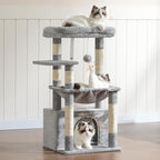 Heybly Cat Tree, Kitten Tower with Large Soft Cat Basket HCT008SW | Cat Condo with Spacious Cat Bed Cave with Hidden Space, Sisal Scratching Posts, Dangling Ball for Indoor Cats, Light Gray