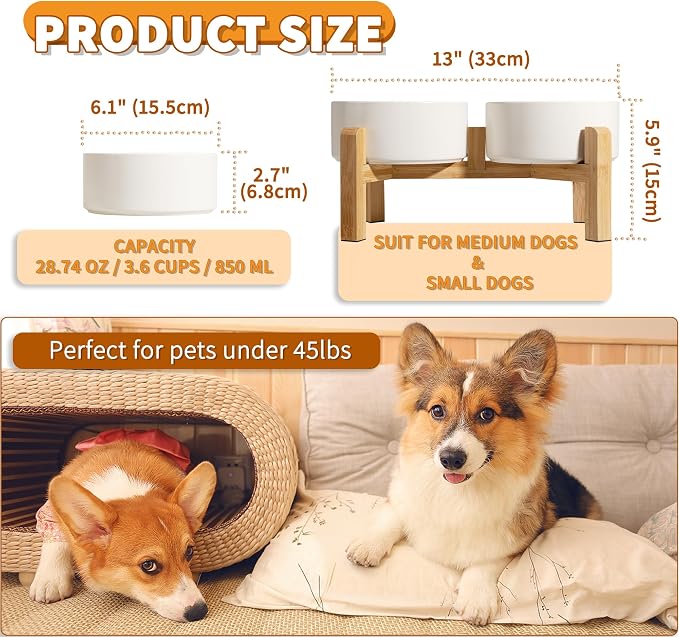 Elevated Ceramic Dog Bowl, 3.6 Cups Dog Food and Water Bowl Set with Stand | 6.1'' Double Dog Feeding Dishes, Non-Slip Raised Dog Feeder for Small and Medium Breeds, 28.74 OZ / 850 ML, White