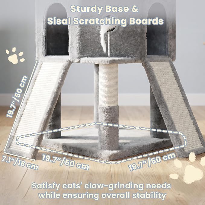 Cat Tree, 73-Inch Sturdy Corner Cat Tower for Large Cat VCT021W | Cat Furniture with Wide Top Perch, 2 Spacious Condos, 2 Cozy Baskets, 2 Scratching Boards & Interactive Toy, Light Gray