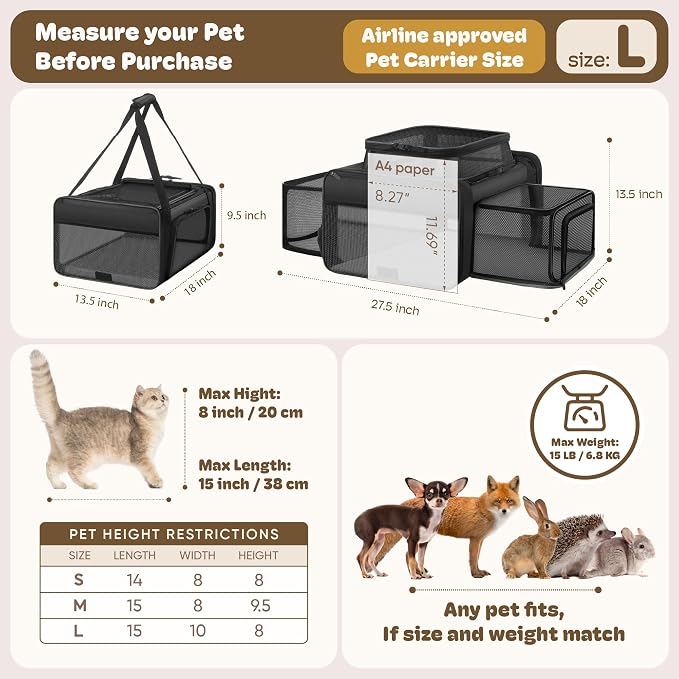 Top and 2 Sides Expandable Cat Carrier 18x13.5x9.5, TSA Airline Approved Dog Carriers for Small Dogs, Soft-Sided Pet Carrier with Self-Locking Zippers for Kitten,Rabbit, Puppy, Guinea Pig Black